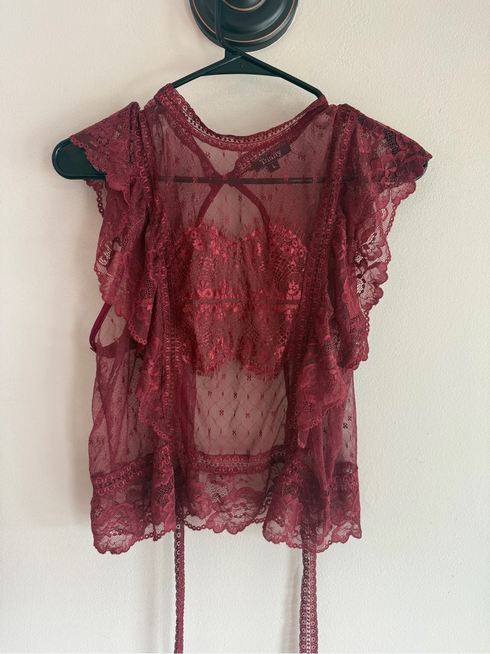 Trinity Burgundy Sheer Floral Lace Ruffle Open Back Tie Top Womens Large